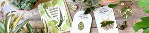 Hand-illustrated plant greeting card, pin and leaf keychain